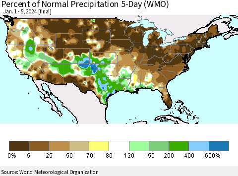 United States Percent of Normal Precipitation 5-Day (WMO) Thematic Map For 1/1/2024 - 1/5/2024