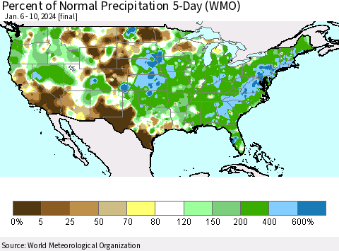 United States Percent of Normal Precipitation 5-Day (WMO) Thematic Map For 1/6/2024 - 1/10/2024
