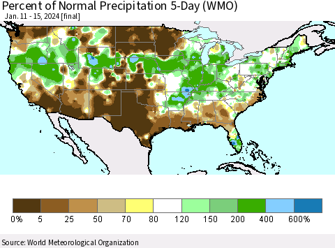United States Percent of Normal Precipitation 5-Day (WMO) Thematic Map For 1/11/2024 - 1/15/2024