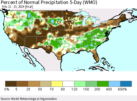 United States Percent of Normal Precipitation 5-Day (WMO) Thematic Map For 2/11/2024 - 2/15/2024