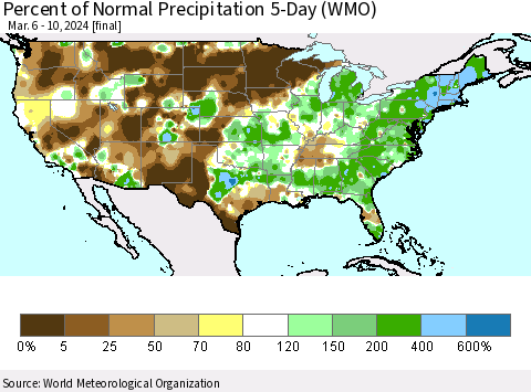 United States Percent of Normal Precipitation 5-Day (WMO) Thematic Map For 3/6/2024 - 3/10/2024