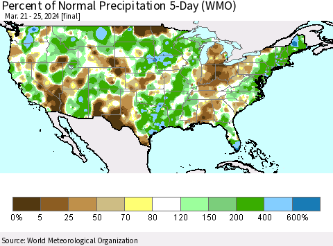 United States Percent of Normal Precipitation 5-Day (WMO) Thematic Map For 3/21/2024 - 3/25/2024