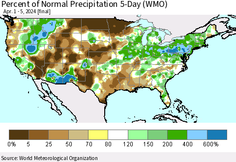United States Percent of Normal Precipitation 5-Day (WMO) Thematic Map For 4/1/2024 - 4/5/2024