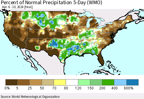 United States Percent of Normal Precipitation 5-Day (WMO) Thematic Map For 4/6/2024 - 4/10/2024