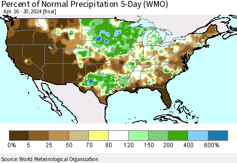 United States Percent of Normal Precipitation 5-Day (WMO) Thematic Map For 4/16/2024 - 4/20/2024