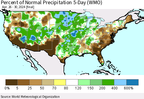 United States Percent of Normal Precipitation 5-Day (WMO) Thematic Map For 4/26/2024 - 4/30/2024