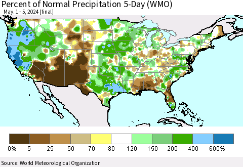 United States Percent of Normal Precipitation 5-Day (WMO) Thematic Map For 5/1/2024 - 5/5/2024