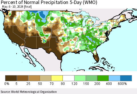 United States Percent of Normal Precipitation 5-Day (WMO) Thematic Map For 5/6/2024 - 5/10/2024