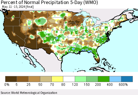 United States Percent of Normal Precipitation 5-Day (WMO) Thematic Map For 5/11/2024 - 5/15/2024