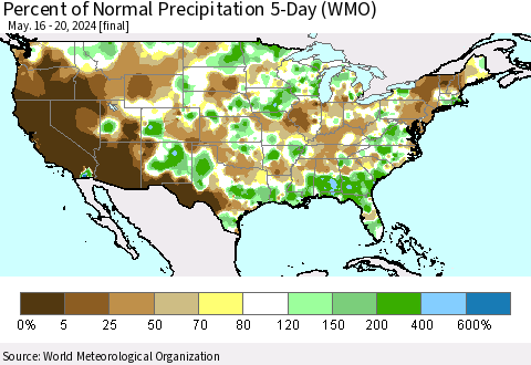United States Percent of Normal Precipitation 5-Day (WMO) Thematic Map For 5/16/2024 - 5/20/2024