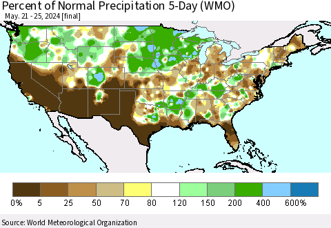 United States Percent of Normal Precipitation 5-Day (WMO) Thematic Map For 5/21/2024 - 5/25/2024