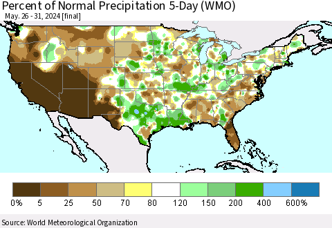 United States Percent of Normal Precipitation 5-Day (WMO) Thematic Map For 5/26/2024 - 5/31/2024