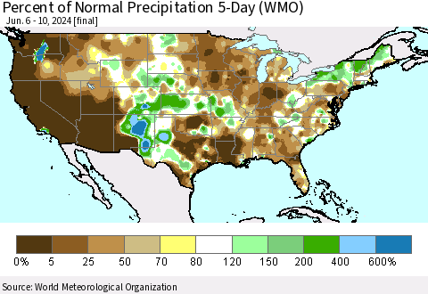 United States Percent of Normal Precipitation 5-Day (WMO) Thematic Map For 6/6/2024 - 6/10/2024
