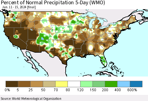 United States Percent of Normal Precipitation 5-Day (WMO) Thematic Map For 6/11/2024 - 6/15/2024
