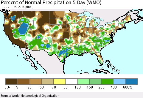 United States Percent of Normal Precipitation 5-Day (WMO) Thematic Map For 7/21/2024 - 7/25/2024