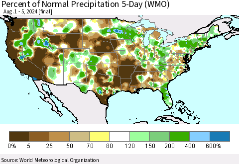 United States Percent of Normal Precipitation 5-Day (WMO) Thematic Map For 8/1/2024 - 8/5/2024