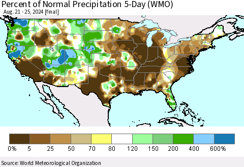 United States Percent of Normal Precipitation 5-Day (WMO) Thematic Map For 8/21/2024 - 8/25/2024