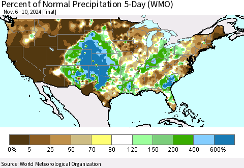 United States Percent of Normal Precipitation 5-Day (WMO) Thematic Map For 11/6/2024 - 11/10/2024