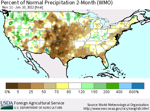 United States Percent of Normal Precipitation 2-Month (WMO) Thematic Map For 11/11/2021 - 1/10/2022