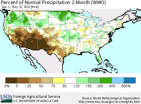United States Percent of Normal Precipitation 2-Month (WMO) Thematic Map For 4/1/2022 - 5/31/2022
