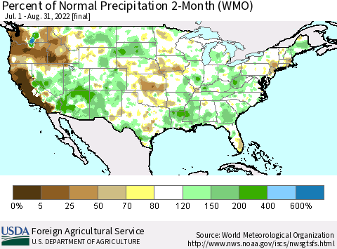 United States Percent of Normal Precipitation 2-Month (WMO) Thematic Map For 7/1/2022 - 8/31/2022