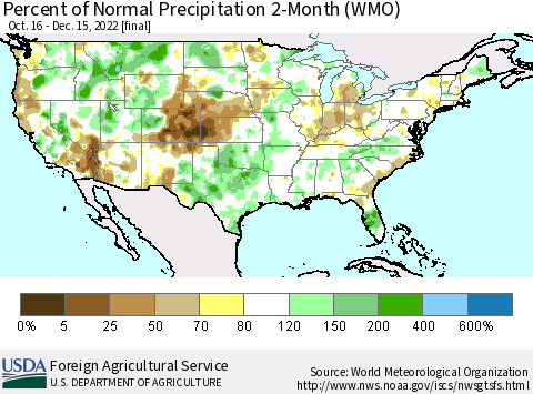 United States Percent of Normal Precipitation 2-Month (WMO) Thematic Map For 10/16/2022 - 12/15/2022