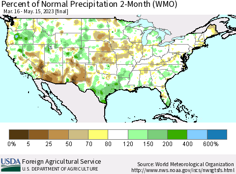 United States Percent of Normal Precipitation 2-Month (WMO) Thematic Map For 3/16/2023 - 5/15/2023