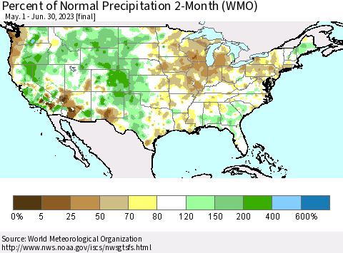United States Percent of Normal Precipitation 2-Month (WMO) Thematic Map For 5/1/2023 - 6/30/2023