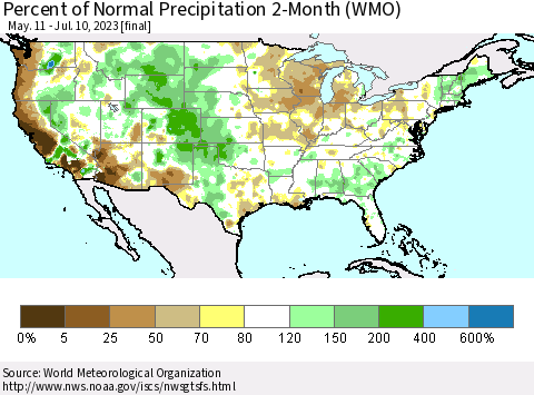 United States Percent of Normal Precipitation 2-Month (WMO) Thematic Map For 5/11/2023 - 7/10/2023