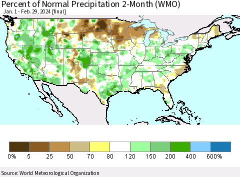 United States Percent of Normal Precipitation 2-Month (WMO) Thematic Map For 1/1/2024 - 2/29/2024