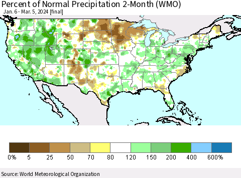 United States Percent of Normal Precipitation 2-Month (WMO) Thematic Map For 1/6/2024 - 3/5/2024