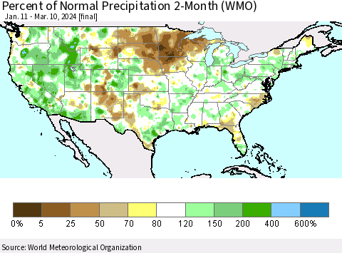 United States Percent of Normal Precipitation 2-Month (WMO) Thematic Map For 1/11/2024 - 3/10/2024