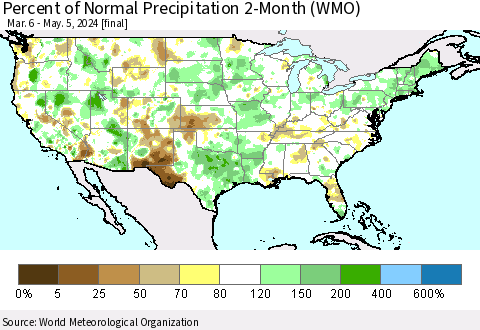 United States Percent of Normal Precipitation 2-Month (WMO) Thematic Map For 3/6/2024 - 5/5/2024