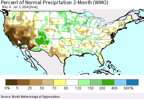United States Percent of Normal Precipitation 2-Month (WMO) Thematic Map For 5/6/2024 - 7/5/2024