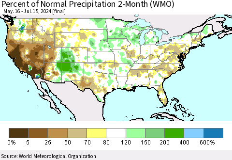 United States Percent of Normal Precipitation 2-Month (WMO) Thematic Map For 5/16/2024 - 7/15/2024