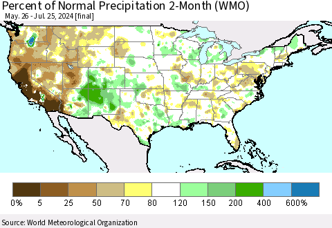 United States Percent of Normal Precipitation 2-Month (WMO) Thematic Map For 5/26/2024 - 7/25/2024