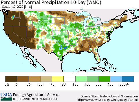 United States Percent of Normal Precipitation 10-Day (WMO) Thematic Map For 9/1/2020 - 9/10/2020