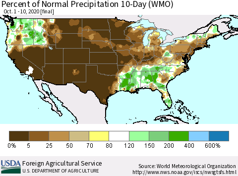 United States Percent of Normal Precipitation 10-Day (WMO) Thematic Map For 10/1/2020 - 10/10/2020