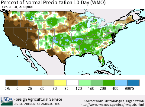 United States Percent of Normal Precipitation 10-Day (WMO) Thematic Map For 10/21/2020 - 10/31/2020