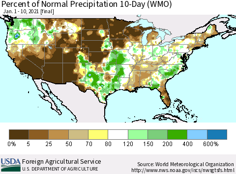 United States Percent of Normal Precipitation 10-Day (WMO) Thematic Map For 1/1/2021 - 1/10/2021
