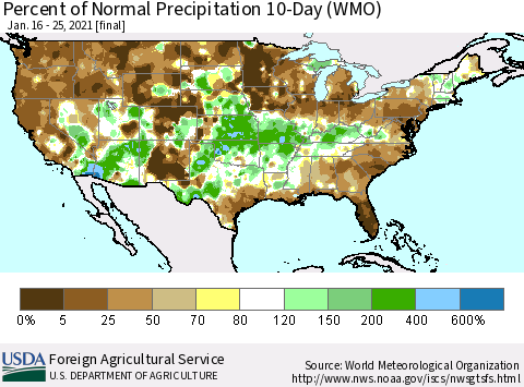 United States Percent of Normal Precipitation 10-Day (WMO) Thematic Map For 1/16/2021 - 1/25/2021