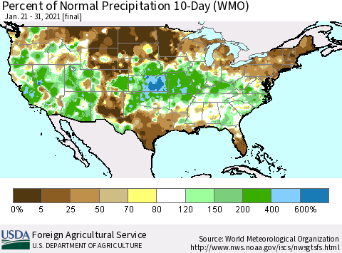 United States Percent of Normal Precipitation 10-Day (WMO) Thematic Map For 1/21/2021 - 1/31/2021