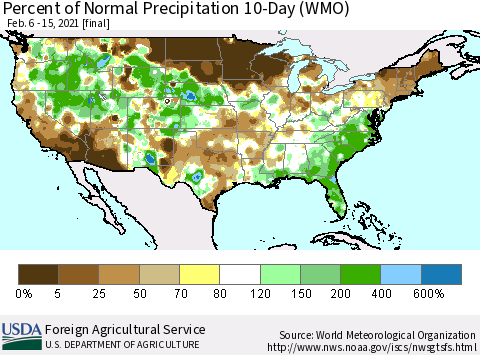 United States Percent of Normal Precipitation 10-Day (WMO) Thematic Map For 2/6/2021 - 2/15/2021