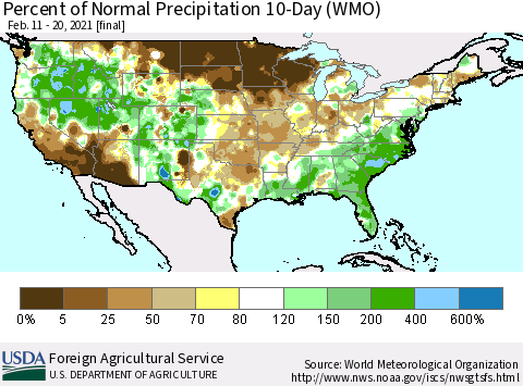 United States Percent of Normal Precipitation 10-Day (WMO) Thematic Map For 2/11/2021 - 2/20/2021