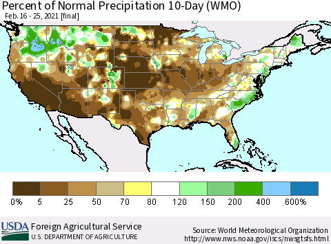 United States Percent of Normal Precipitation 10-Day (WMO) Thematic Map For 2/16/2021 - 2/25/2021