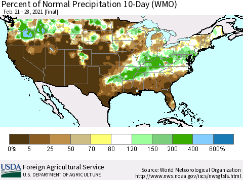 United States Percent of Normal Precipitation 10-Day (WMO) Thematic Map For 2/21/2021 - 2/28/2021