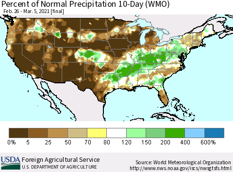 United States Percent of Normal Precipitation 10-Day (WMO) Thematic Map For 2/26/2021 - 3/5/2021