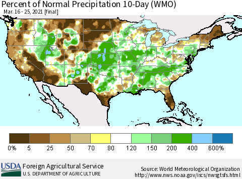 United States Percent of Normal Precipitation 10-Day (WMO) Thematic Map For 3/16/2021 - 3/25/2021