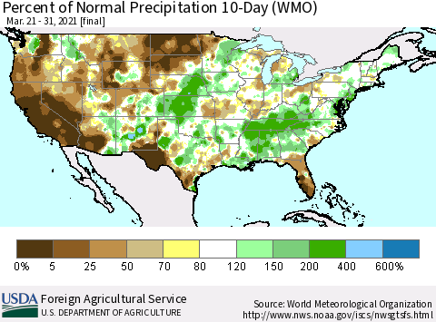 United States Percent of Normal Precipitation 10-Day (WMO) Thematic Map For 3/21/2021 - 3/31/2021