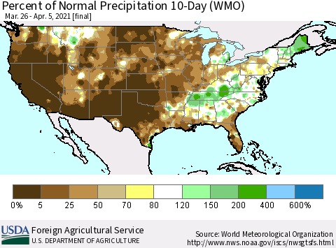 United States Percent of Normal Precipitation 10-Day (WMO) Thematic Map For 3/26/2021 - 4/5/2021